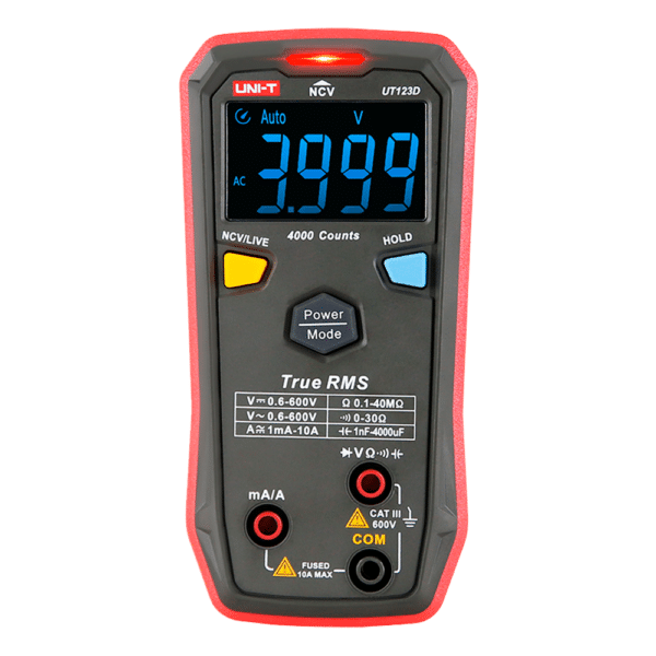 Multímetro digital de bolsillo - Medición de voltaje en DC y AC hasta 600V - Medición de intensidad en DC y AC hasta 10A - Medición de resistencia y capacitancia - True RMS | Función NVC - Buzzer para test de continuidad