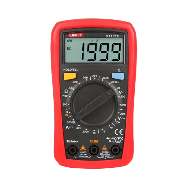 Multímetro digital de mano LCD - Medición de voltaje en DC y AC hasta 250V - Medición de intensidad en DC hasta 10A - Medición de temperatura - Medición de resistencia - Buzzer para test de continuidad