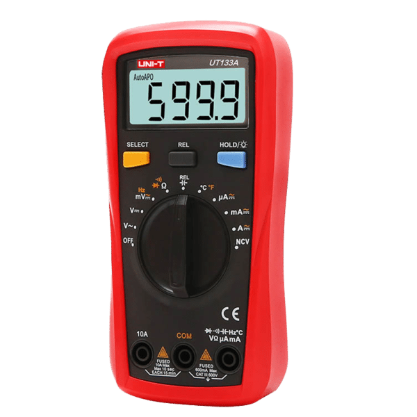 Multímetro digital de mano - Medición de voltaje en DC y AC hasta 600V - Medición de intensidad en DC y AC hasta 10A - Medida de resistencia