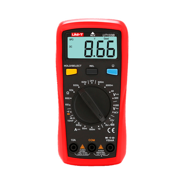 Multímetro digital de mano - Medición de voltaje en DC y AC hasta 600V - Medición de intensidad en DC hasta 10A - Medición de resistencia y capacitancia - Función NVC | Test de continuidad - Test de batería