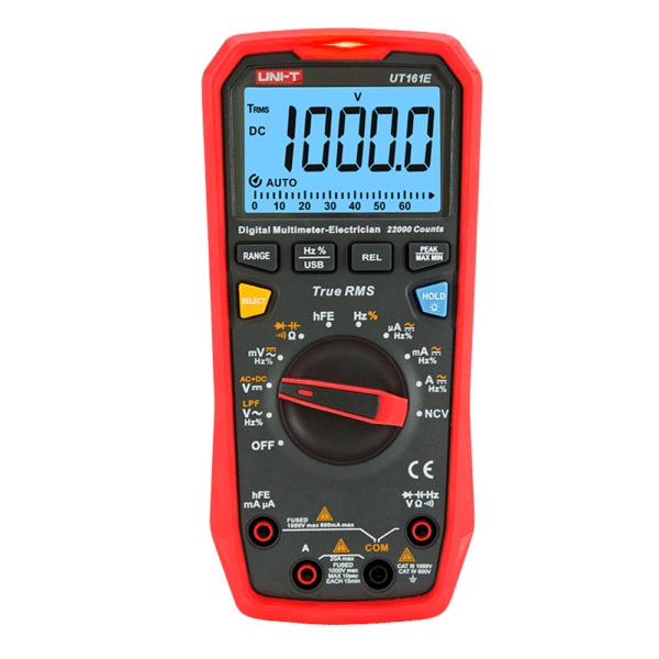 Multímetro digital CAT III - Pantalla LED de hasta 6000 cuentas - Medición en DC y AC hasta 1000V y 20A - Conexión con PC - Alta precisión en AC con función True RMS - Mide resistencia