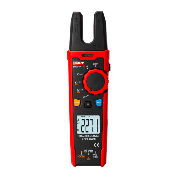 Pinza amperimétrica tipo tenedor - Pantalla LCD de hasta 6000 cuentas - Medición de intensidad en AC hasta 200A - Medición de voltaje en DC y AC hasta 1000V - Alta precisión en AC con función True RMS - Medición resistencia y frecuencia | Función NCV