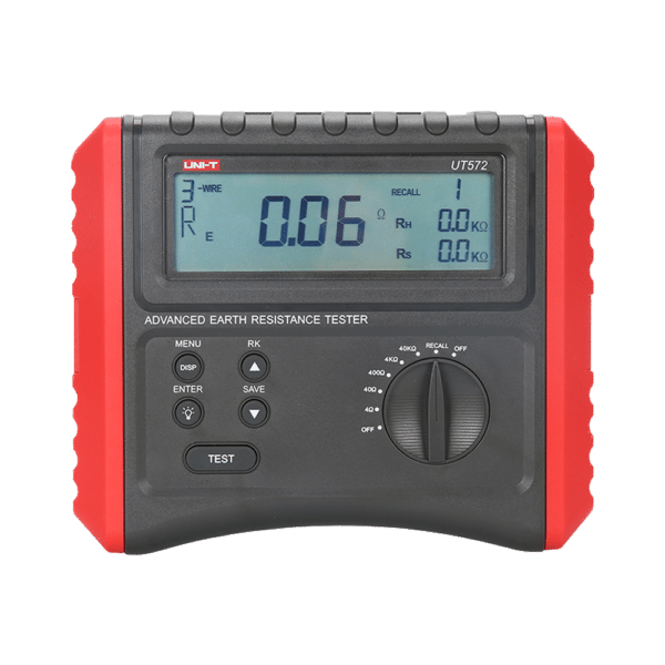 Medidor de resistencia a tierra - Display LCD - Medición de resistencia a tierra hasta 40kΩ - Medición de resistividad del suelo de hasta 40kΩ - Almacenamiento de datos - Apagado automático
