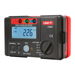 Comprobador de tiempo de disparo de diferencial - Display LCD de hasta 1000 cuentas - Compatible con circuitos monofásicos 195V~253V - Medición de voltaje AC hasta 600V  - Selector de fases 0º y 180º - Apagado automático
