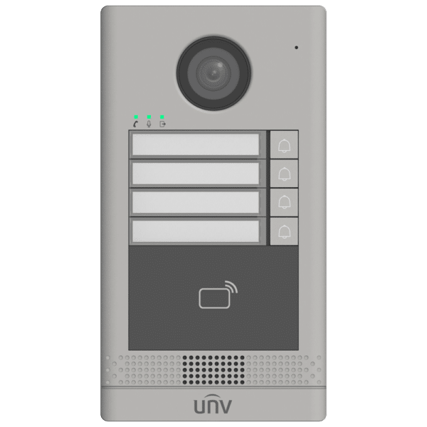 Videoportero IP 4 apartamentos - Cámara 2 Mpx | Audio bidireccional - Apertura con tarjeta MF | 2 relés - App móvil con o sin monitor - Apto para exterior IP65 | IK08 - Montaje en superficie | PoE