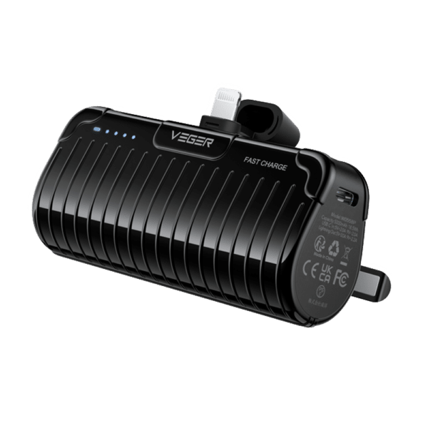 VEGER Mini Power bank con LEDs carga - Capacidad 5000mAh - Entrada USB-C - Salida Conector Lightning - Carga 1 dispositivo - Carga rápida PD20W | Soporte plegable