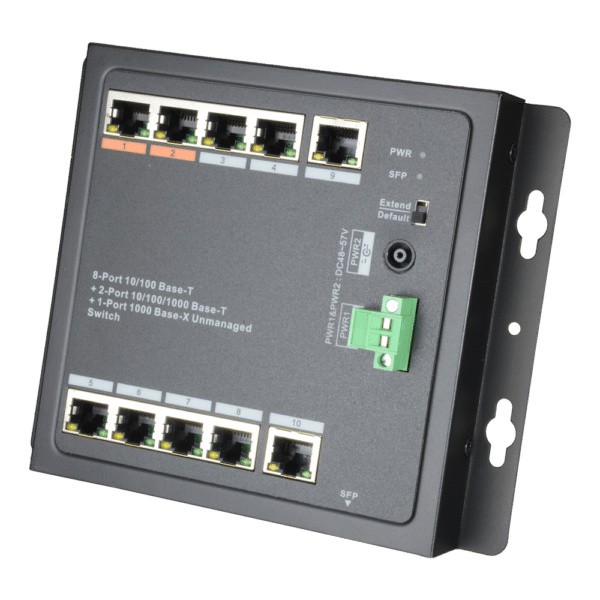 Switch HiPoE X-Security - 8 puertos PoE + 2 Uplink (RJ45) + 1 Uplink (SFP) - 8x 10/100Mbps + 2x 10/100/1000Mbps + 1 SFP Giga - 2 Puertos Hi-PoE + 6 Puertos PoE+ - Consumo máximo 96 W - Instalación en pared