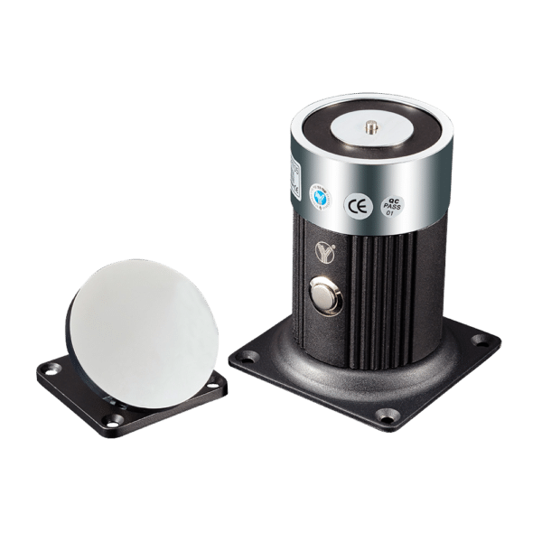 Retenedor electromágnetico - Para puerta sencilla - Fuerza de retención 180 Kg - Botón de accionado manual - Alimentación a 12/24V DC - Montaje en pared o soporte