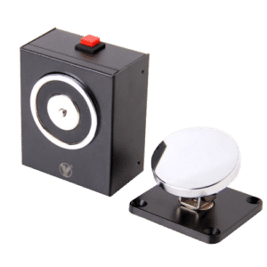 Retenedor electromágnetico - Para puerta sencilla - Fuerza de retención 50 Kg - Botón de accionado manual - Alimentación a 24V DC - Montaje en pared o soporte