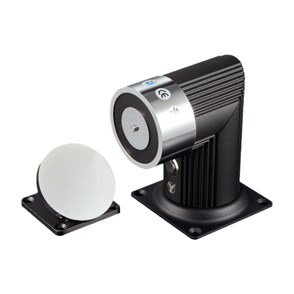 Retenedor electromágnetico - Para puerta sencilla - Fuerza de retención 180 Kg - Botón de accionado manual - Alimentación a 12/24V DC - Especial para montaje en suelo