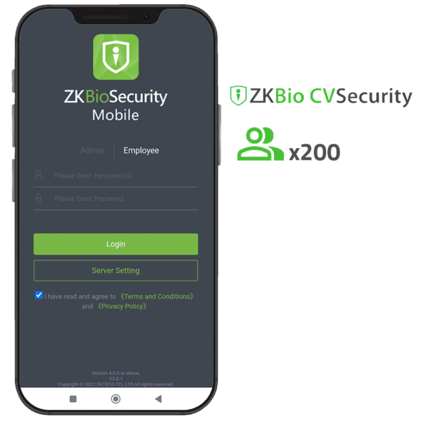 Licencia APP de ZKBio CVSecurity - Capacidad 200 usuarios - Apertura con códigos QR dinámicos - Apta para Android y iOS - Necesaria licencia de accesos ZK-SOF-BIOCV-x