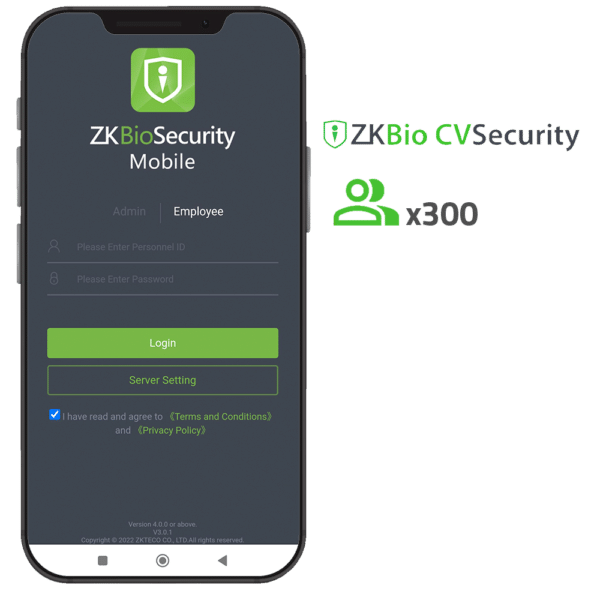 Licencia APP de ZKBio CVSecurity - Capacidad 300 usuarios - Apertura con códigos QR dinámicos - Apta para Android y iOS - Necesaria licencia de accesos ZK-SOF-BIOCV-x
