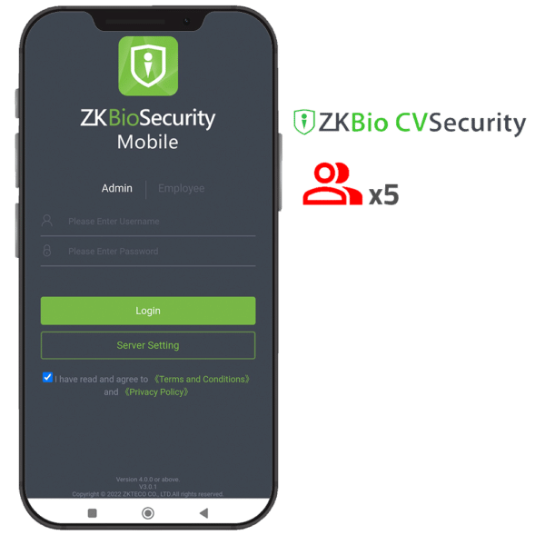 Licencia APP de ZKBio CVSecurity - Capacidad 5 administradores - Gestión usuarios y eventos - Aperturas remotas - Apta para Android y iOS - Necesaria licencia de accesos ZK-SOF-BIOCV-x