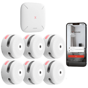 Kit de detección de incendio autónomo X-Sense - Inlcuye 6 detectores de humo XS01-M y Hub SBS50 - Conexión con HUB SBS50 para comunicación por APP - Permite conectar 50 detectores en la misma red - Alarma sonora 85 dB a 3m - Certificado EN 14604