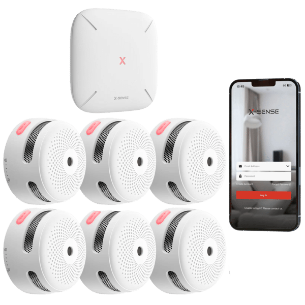 Kit de detección de incendio autónomo X-Sense - Inlcuye 6 detectores de humo XS01-M y Hub SBS50 - Conexión con HUB SBS50 para comunicación por APP - Permite conectar 50 detectores en la misma red - Alarma sonora 85 dB a 3m - Certificado EN 14604