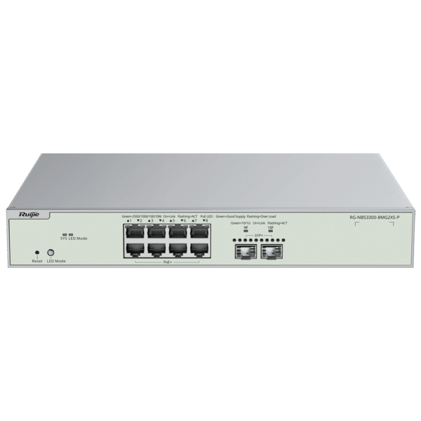 Reyee Switch PoE Cloud Capa 2 - 8 puertos PoE MultiGigabit+ 2 10Gbps SFP+ -  PoE 802.3af/at Máximo 240W - Static LAG/DHCP Snoop/IGMP Snoop/Port Mirror - VLAN/Port Isolation/STP/RSTP/ACL/QoS - Enrackable