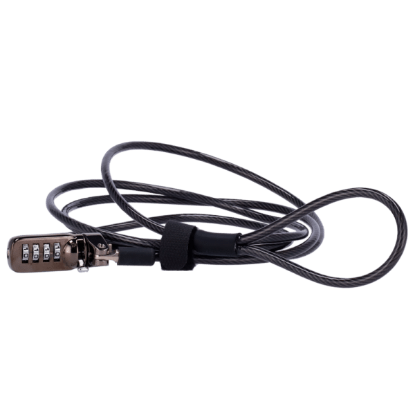 Cordón antihurto EAS - Apto para portátiles - Apertura con código de 4 dígitos - Dimensiones cerradura: 5 (An) x 7 (Al) mm - Longitud cordón: 200 mm - Fabricado en acero y aluminio