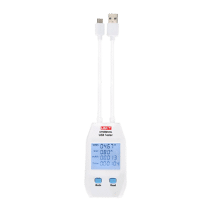 Medidor dual de corriente y tensión UNI-T - Sencilla conexión USB Tipo A y tipo C - Permite conocer la tensión y la corriente del dispositivo alimentado - Tensión de entrada 4~24V DC - Corriente máxima 5A - Pantalla de visualización LCD
