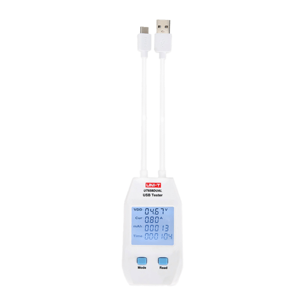 Medidor dual de corriente y tensión UNI-T - Sencilla conexión USB Tipo A y tipo C - Permite conocer la tensión y la corriente del dispositivo alimentado - Tensión de entrada 4~24V DC - Corriente máxima 5A - Pantalla de visualización LCD