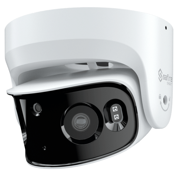 Safire Smart - Cámara Turret IP gama I1 panorámica - Resolución 8 Megapíxel (4320x1680) - Lente 2x2.8 mm (180º) | Disuasión activa - AI: Clasificación de humano y vehículo - Impermeabilidad IP67 | PoE (IEEE802.3af)