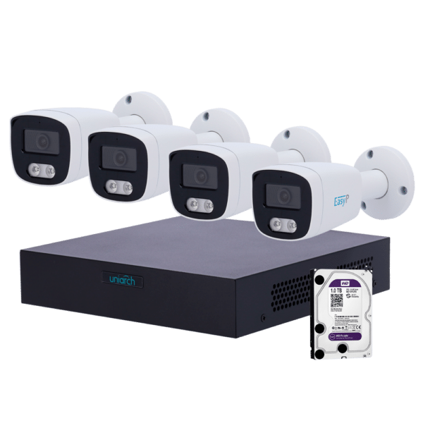 Kit de Videovigilancia Uniarch - NVR 8 canales IP | 1 TB HDD - 4 Cámaras bullet IP67 - Plug & Play | UMD | PoE - Detección Humanos y Vehículos - Interfaz WEB
