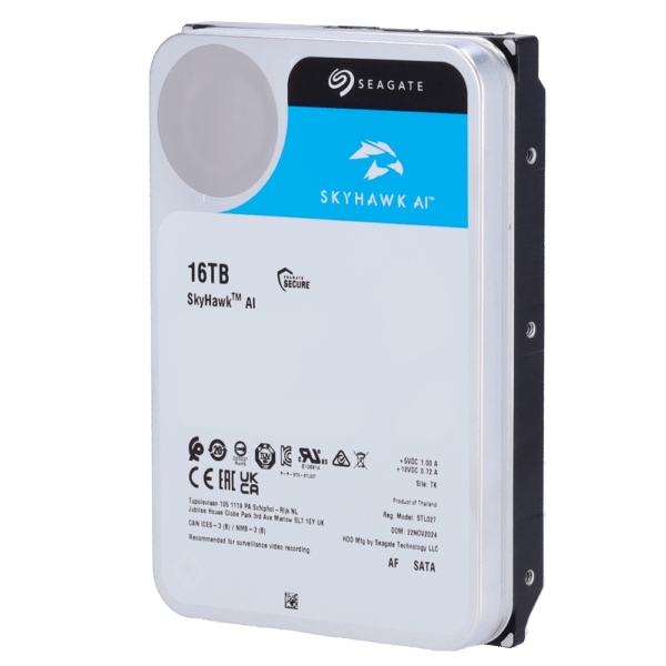 Disco duro Seagate Skyhawk AI - Capacidad 16 TB - Interfaz SATA 6 Gb/s - Hasta 32 transmisiones de inteligencia artificial - Modelo ST16000VE002 - Especial para Videograbadores de red (NVR)