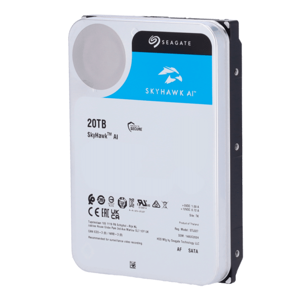 Disco duro Seagate Skyhawk AI - Capacidad 20 TB - Interfaz SATA 6 Gb/s - Hasta 32 transmisiones de inteligencia artificial - Modelo ST20000VE002 - Especial para Videograbadores de red (NVR)