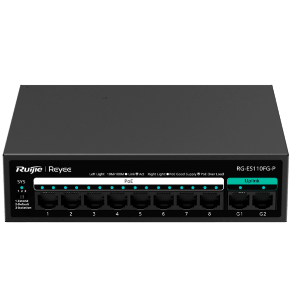 Reyee Switch PoE Sobremesa - Carcasa Metal - 8 puertos RJ45 10/100 Mbps - 8 Puertos PoE+ 802.3af/at + 2 Uplink 1G - Plug and Play - Tecnología de ahorro de energía