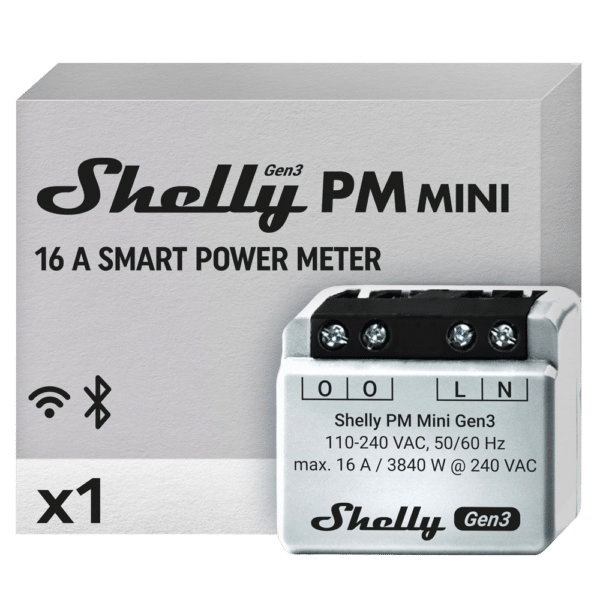 Shelly PM Mini Gen3 - WiFi 2.4 GHz IEEE802.11 b/g/n / Bluetooth -  Interruptor inteligente  - Soporta 110 - 240 VCA / 24 - 30 VCC - Contacto NA