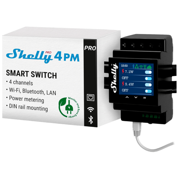 Shelly Pro 4PM - WiFi 2.4 GHz IEEE802.11 b/g/n / Bluetooth -  Interruptor inteligente carril DIN - Soporta 110-240 V - Medidor de potencia - Compatible con Alexa y Google