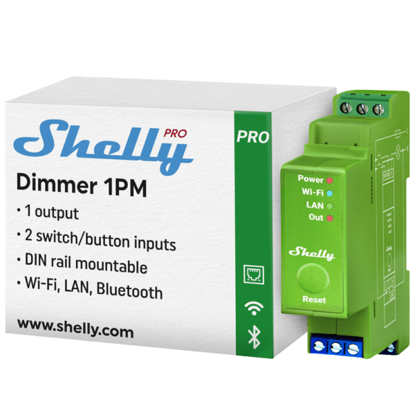 Shelly Pro Dimmer 1PM - WiFi 2.4 GHz IEEE802.11 b/g/n / Bluetooth - Atenuador inteligente carril DIN - Soporta 110-240 V - Medidor de potencia - Compatible con Alexa y Google