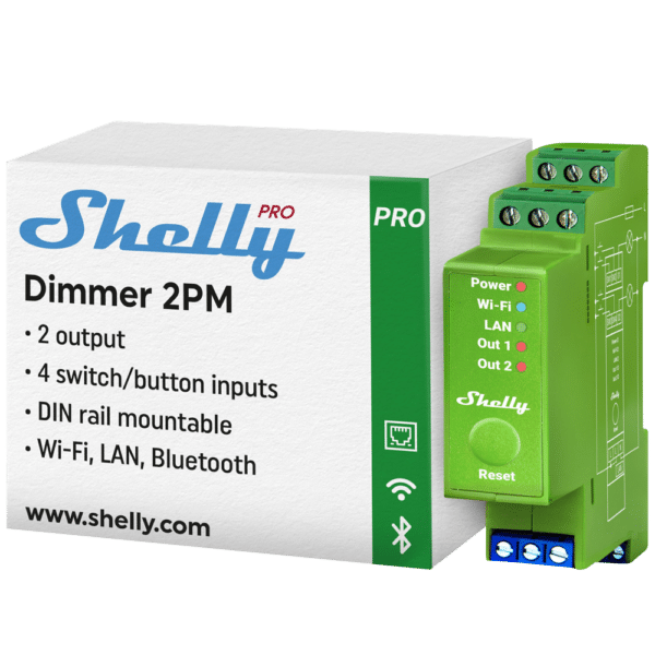 Shelly Pro Dimmer 2PM - WiFi 2.4 GHz IEEE802.11 b/g/n / Bluetooth - Atenuador inteligente carril DIN - Soporta 110-240 V - Medidor de potencia - Compatible con Alexa y Google