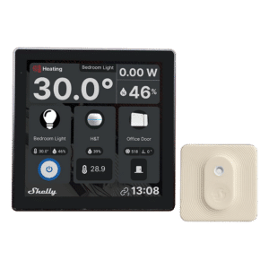 Shelly Wall Display Blanco + BLU H&T Ivory - WiFi 2.4 GHz / Bluetooth - Sensor H&T - Resistente al agua y al polvo - Batería de hasta 3 años - Compatible con Alexa y Google