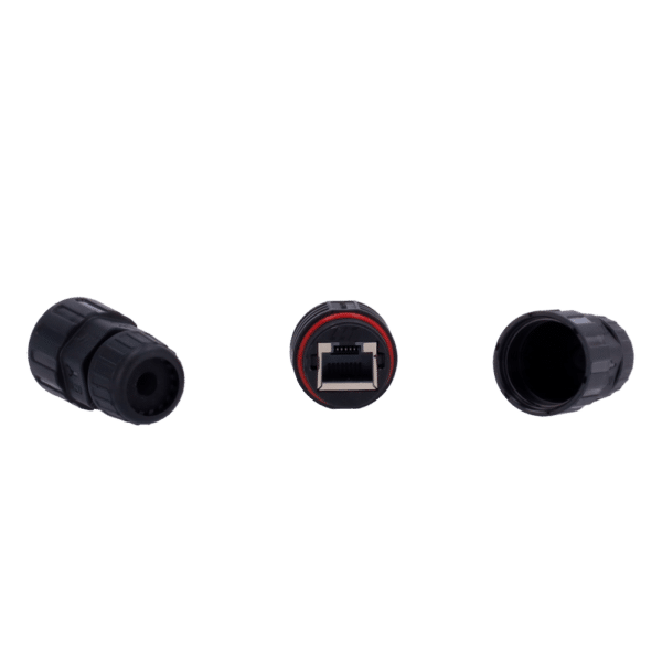 Conector con Racor - Conector entrada RJ45  - Conector salida RJ45 - Compatible UTP CAT 6 - IP68 - Color negro