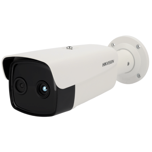 Cámara térmica Dual IP Hikvision Gama PRO - Sensor térmico 384x288 VOx | Lente 6.5 mm - Sensor óptico 1/2.7” 4 Mpx | Lente 4 mm - Sensibilidad térmica ≤ 35 mK - Rango medición temp -20~150ºC / ± 8ºC - IP67 | IK10 | Anti-corrosión | Alcance IR 30 m