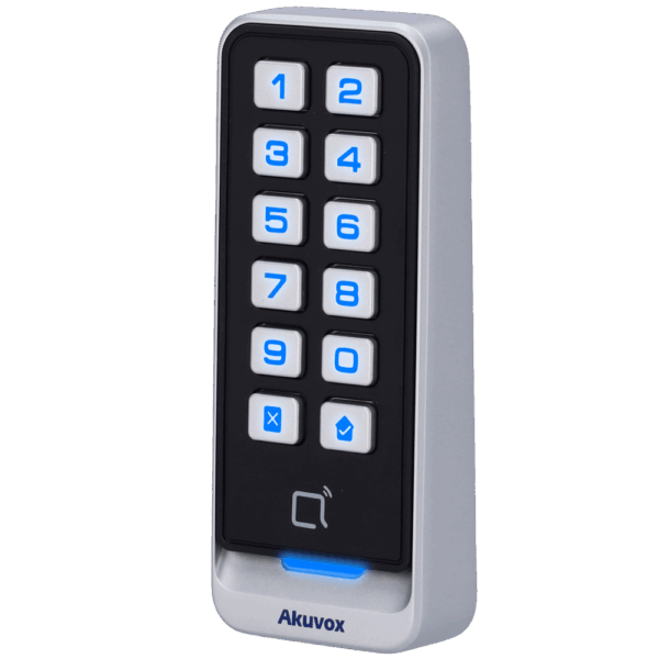Lector de acceso - Acceso por tarjeta EM/MF y PIN - Indicador LED y acústico - Wiegand 26/34 - Compatible con equipos Akuvox y de terceros - Apto para exterior IP65 | Metal