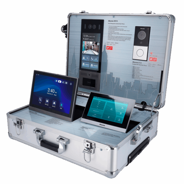 Maletín de exposición - Videoporteros Akuvox - Router WiFi y switch PoE - Licencia grauita Akuvox Cloud Services - Plug & Play - Maletín: 540 (Al) x 386 (An) x 178 (Fo) mm