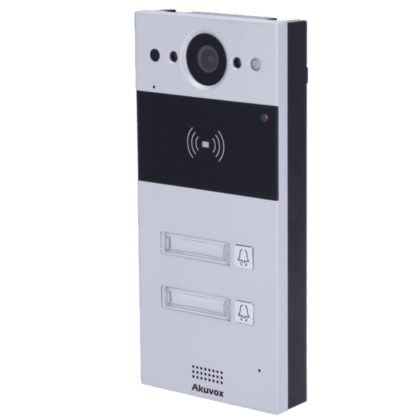Videoportero IP en superficie - Cámara 2 Mpx | Audio bidireccional - Apertura con tarjeta EM/MF y NFC | 2 relés - 2 apartamentos | PoE