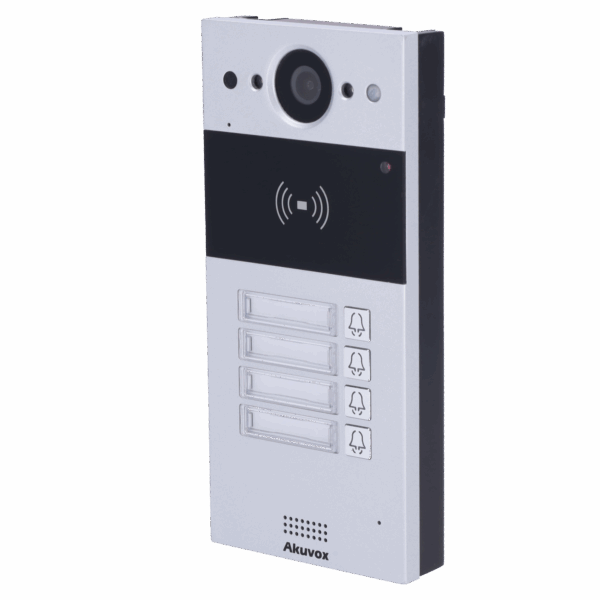 Videoportero IP en superficie - Cámara 2 Mpx | Audio bidireccional - Apertura con tarjeta EM/MF y NFC | 2 relés - 4 apartamentos | PoE
