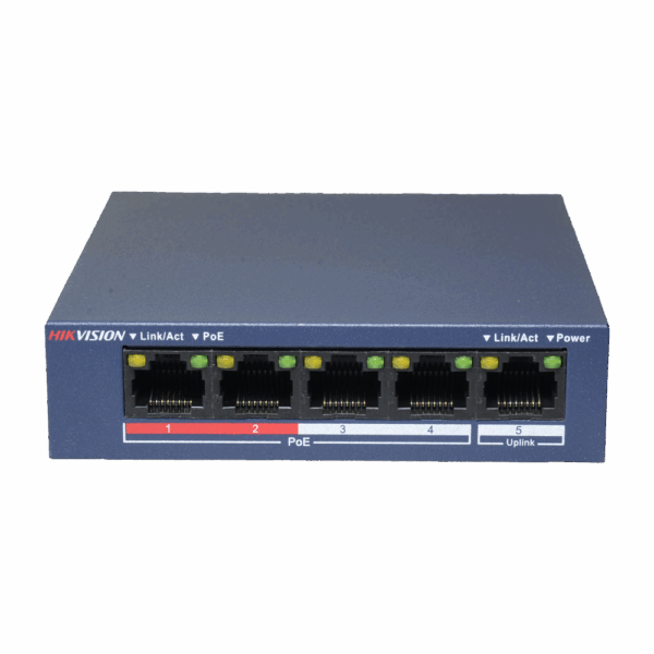 Switch de sobremesa Hikvision - 4 puertos PoE + 1 puerto Uplink (RJ45) - Velocidad 10/100 Mbps - Hasta 35W en total para todos los puertos - Compatible con PoE IEEE802.3af