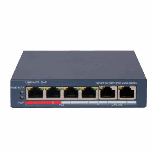 Hikvision PoE Switch Gestionable - 4 puertos PoE 802.3af/at + 2 Uplink RJ45 - 4 RJ45 10/100Mbps + 2 RJ45 10/100Mbps - 802.3af/at / Máximo 45W - VLAN/Port Isolation/Loop Detection/LLDP - Link Aggregation/PoE Watchdog/SNMP