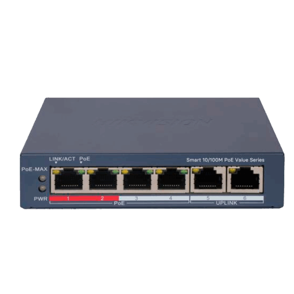 Hikvision PoE Switch Gestionable - 4 puertos PoE 802.3af/at + 2 Uplink RJ45 - 4 RJ45 10/100Mbps + 2 RJ45 10/100Mbps -  802.3af/at / Máximo 45W - VLAN/Port Isolation/Loop Detection/LLDP - Link Aggregation/PoE Watchdog/SNMP