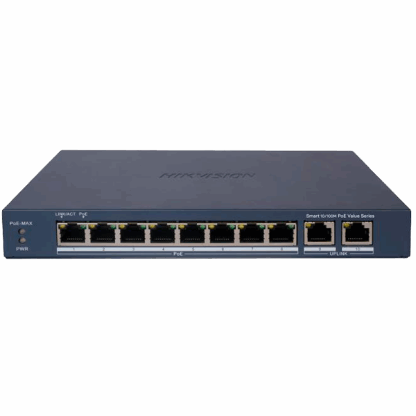 Hikvision PoE Switch Gestionable - 8 puertos PoE 802.3af/at + 2 Uplink RJ45 - 8 RJ45 10/100 Mbps + 2 RJ45 10/100/1000 Mbps -  802.3af/at / Máximo 60W - VLAN/Port Isolation/Loop Detection/LLDP - Link Aggregation/PoE Watchdog/SNMP