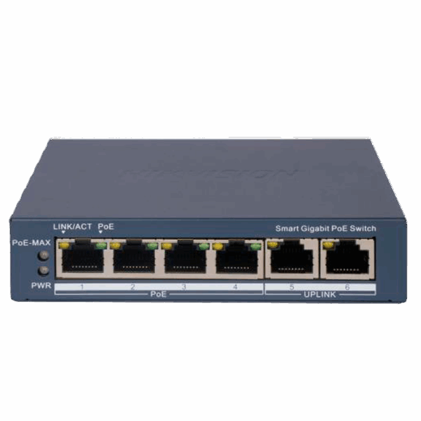 Hikvision Switch Gigabit PoE Gestionable - 4 puertos PoE 802.3af/at + 1 Uplink RJ45 - 4 RJ45 10/100/1000 Mbps + 1 RJ45 10/100/1000Mbps - 30W por puerto 802.3af/at / Máximo 60W - VLAN/Port Isolation/Loop Detection/LLDP - Link Aggregation/PoE Watchdog/SNMP