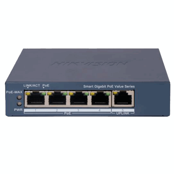 Hikvision Switch Gigabit PoE Gestionable - 4 puertos PoE 802.3af/at + 1 Uplink RJ45 - 4 RJ45 10/100/1000 Mbps + 1 RJ45 10/100/1000Mbps - 30W por puerto 802.3af/at / Máximo 45W - VLAN/Port Isolation/Loop Detection/LLDP - Link Aggregation/PoE Watchdog/SNMP