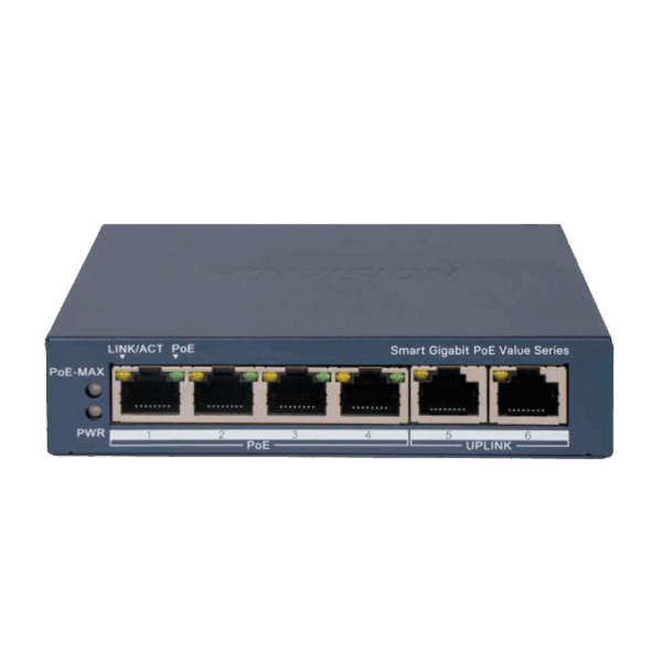 Hikvision Gigabit PoE Switch Gestionable - 4 puertos PoE 802.3af/at + 2 Uplink RJ45 - 4 RJ45 10/100/1000 Mbps + 2 RJ45 10/100/1000Mbps -  802.3af/at / Máximo 45W - VLAN/Port Isolation/Loop Detection/LLDP - Link Aggregation/PoE Watchdog/SNMP