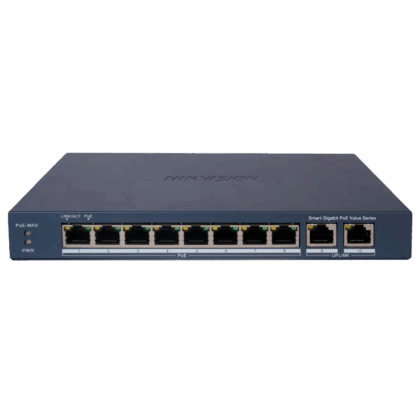 Hikvision PoE Switch Gestionable - 8 puertos PoE 802.3af/at + 2 Uplink RJ45 - 8 RJ45 10/100/1000 Mbps + 2 RJ45 10/100/1000Mbps -  802.3af/at / Máximo 60W - VLAN/Port Isolation/Loop Detection/LLDP - Link Aggregation/PoE Watchdog/SNMP