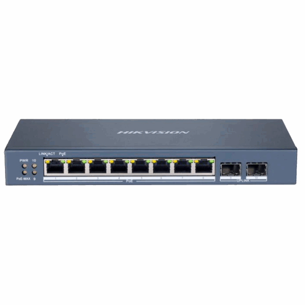 Switch PoE Hikvision - 8 puertos RJ45 Gigabit + 2 puertos SFP - 8 Puertos PoE+ 802.3af/at - Hasta 110w de Potencia PoE Total - PoE Extendido / PoE Watchdog / Port Isolation - Instalación en sobremesa