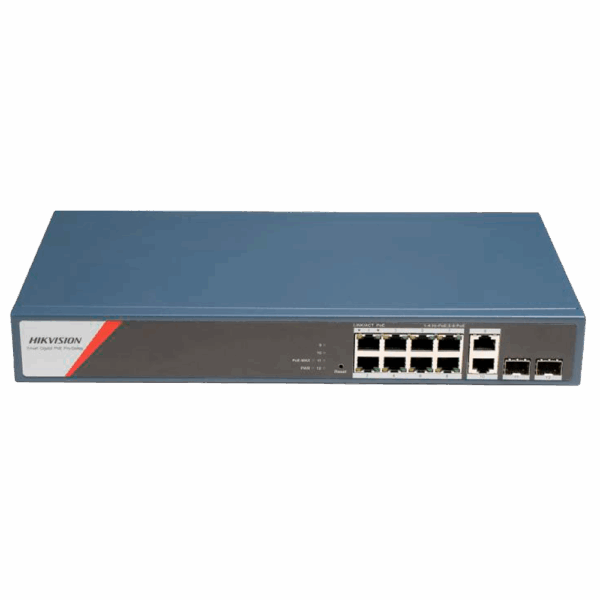 Switch PoE Hikvision - 8 puertos RJ45 GE + 2 puertos Gigabit RJ45/SFP - 8 Puertos PoE+ 802.3af/at/bt - Hasta 130w de Potencia PoE Total - PoE Extendido / PoE Watchdog / Port Isolation - Instalación en rack/pared/sobremesa
