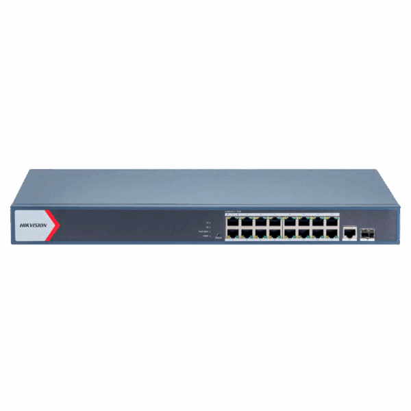 Switch PoE Hikvision - 16 puertos RJ45 GE + 1 puerto Gigabit RJ45/SFP - 16 Puertos PoE+ 802.3af/at - Hasta 130w de Potencia PoE Total - PoE Extendido / PoE Watchdog / Port Isolation - Instalación en rack/pared/sobremesa